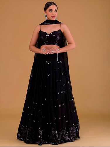 Zeel Clothing Womens Georgette Lehenga Choli Semi-Stitched Black Wedding Girlish Latest Free Size