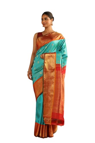 Taneira Women Blue Woven Pure Silk Kanjivaram Saree With Unstitched Blouse Piece (SHH08D00118-Light Blue)