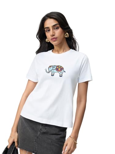 The Souled Store Indie Elephant Women and Girls Short Sleeves Round Neck White Embroidered Cotton Regular Fit Lightweight All-Season Everyday Streetwear T-Shirt