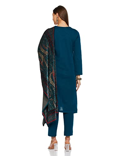 BIBA Polyester Women Embroidery Narrow Salwar Kurta Dupatta(SKDWINTER W8721_Peacock Blue_42)
