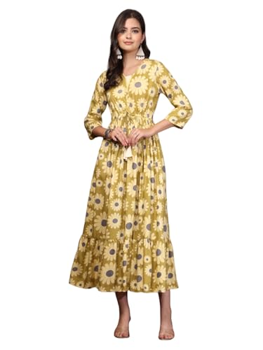 Daevish Women's New Rayon Printed Tie-up Waist V Neck Flared Maxi Dress | Women Flared Dress Olive