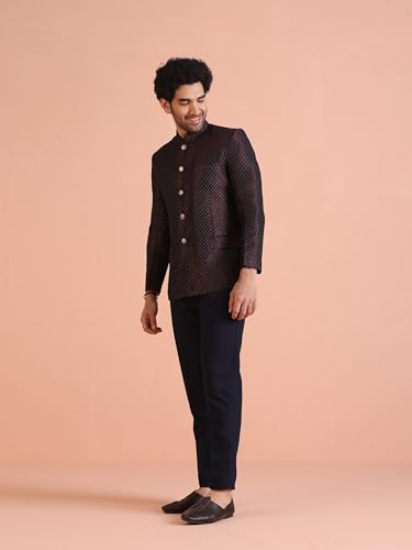 KISAH Men's Jodhpuri Bandhgala-Blazer Trouser Set, Magenta Silk Blend, Woven Design Regular Fit Mandarin Collar Long Sleeves (38)