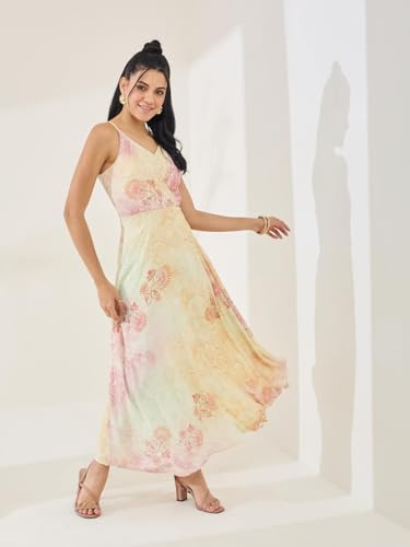 Latin Quarters Women's Yellow Printed Strappy V-Neck Casual A-Line Dress_L