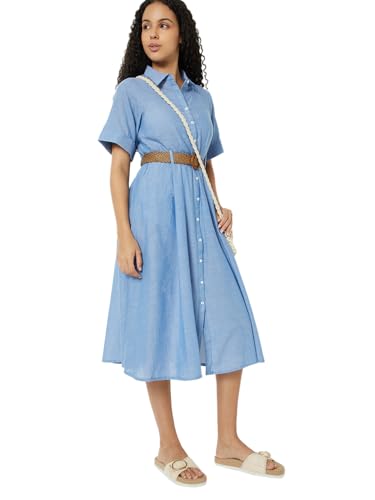 Max Women Solid A-line Shirt Dress with Belt (Blue_L)
