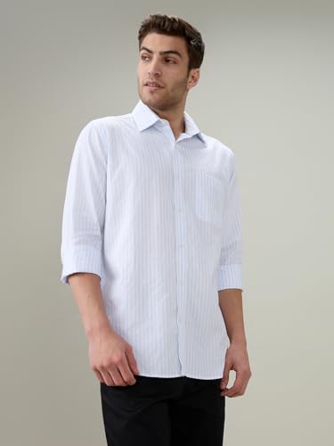 Raymond Men Regular Fit Stripe Pattern Pure Cotton Semi Cutaway Collar Full Sleeve Formal Shirt Blue