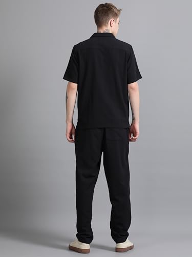 StitchX Men’s Airport Look Textured Seersucker Resort Cotton Shirt & Trouser Co-Ord Set Midnight Black-XL