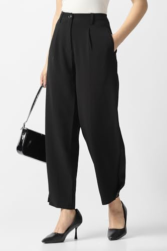 Women Black Solid Casual Trousers