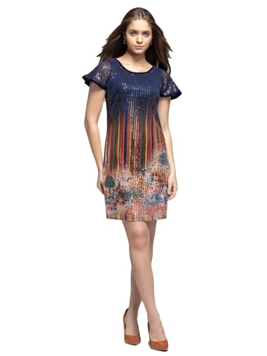 SHAYE Women Sheath Boat Neck Navy Blue Sequinned Short Sleeves Party Dress, Large