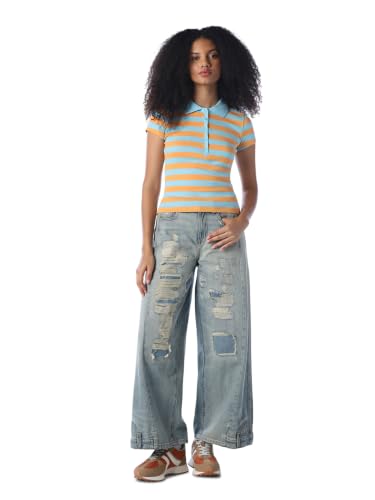 ONLY Women's Striped Regular Fit Multicolor T-Shirt