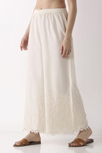 BIBA Women Off White Cotton Flared Palazzos_S