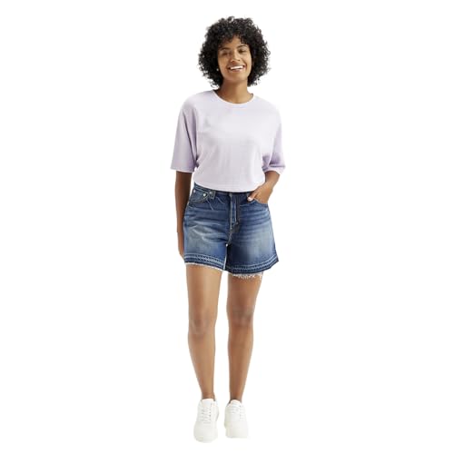 Women's Mid Rise Navy Relaxed Fit Denim Shorts