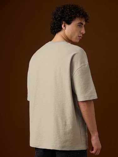 The Souled Store Textured T-Shirt: Nomad Men and Boys Short Sleeves Round Neck Beige Graphic Printed Casual Drop Shoulder Streetwear Trendy Super Oversized T-Shirts