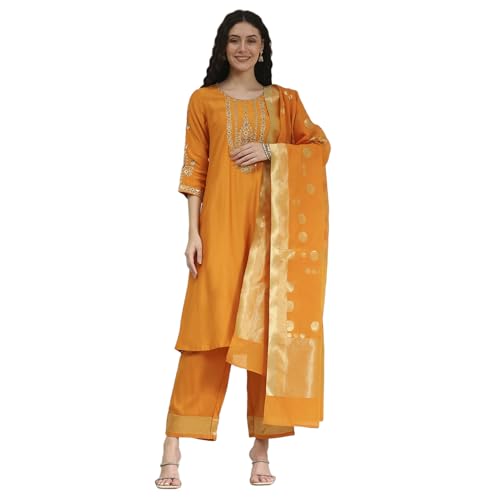 Biba Women Orange Blended Straight Solid Kurta Set_36