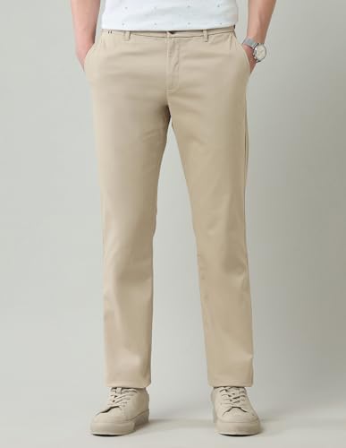 Arrow Sports Men's Beige Solid Mid Rise Cotton Button Regular Fit Flat Front Slant Pocket Trousers (ASAJTR2622_Beige_36)