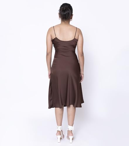 Sheux Elegant Satin Midi Dress with Shoulder Straps – Timeless Style Meets Effortless Glamour (S) Dresses for Women & Girls Brown