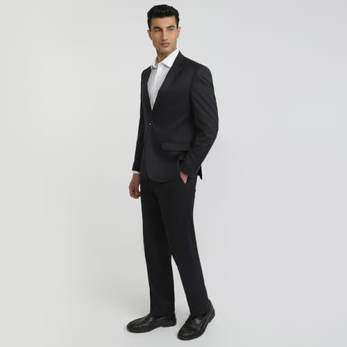 Raymond Men Contemporary Fit Solid Pattern Poly Viscose Blend Notch Lapel Full Sleeve Formal Suit Blue