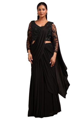 Soch Womens Black Nylon Blend Solid Ready To Wear Saree With Sequins