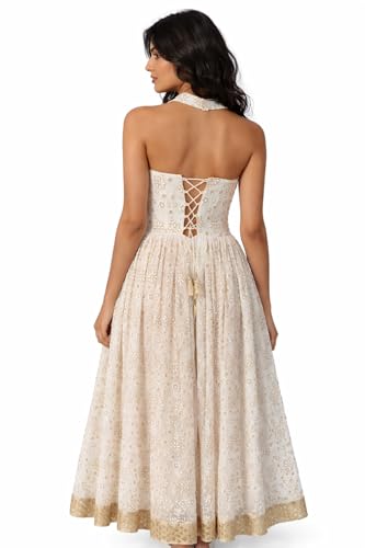 Glinty Chic Women's Embroidered Gown with Dupatta, White and Gold, Halter Neck, Floral Embroidery, Lace-Up Back (in, Alpha, M, Regular)