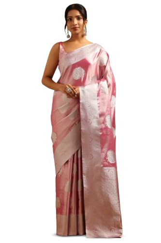 Soch Womens Blush Pink Tissue Woven Design Zari Woven Saree