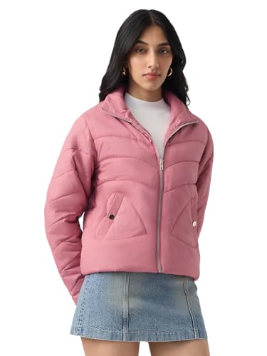 The Souled Store Two Hearts Women and Girls Full Sleeves Spread Collar Pink Chevron Quilted Polyester Regular Fit Lightweight Everyday Puffer Jacket
