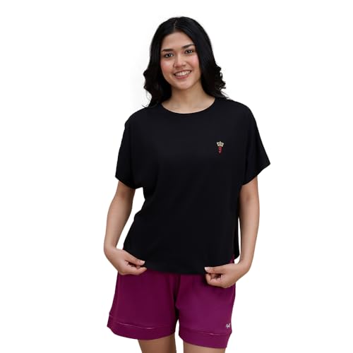 NYKD Buttery Soft Modal Cotton Graphic Tee for Women with Extended Sleeves – Comfortable Relaxed Fit, Stylish Design, Model NYS945 Black