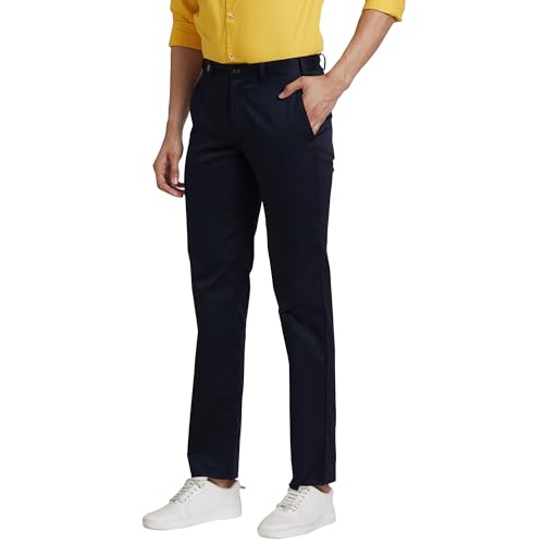 Park Avenue Men's Solid Pattern Super Slim Fit Pure Cotton Flat Front Chinos (Size: 34)-PMTA07327-B8 Dark Blue