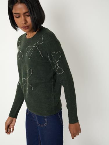 Max Women Embellished Sweater (Green_S)