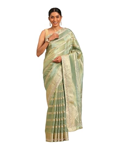MOHEY Women's Green Organza Stone Work|Zari Saree (Green)