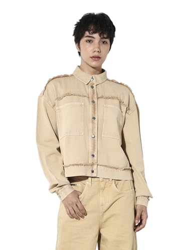 ONLY Women's Self Design Loose Fit Beige Jacket