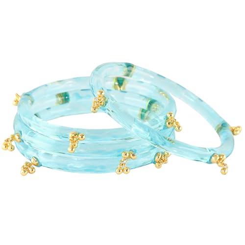 STYOLLO Crystal Kashmiri Ghungroo Glass Kada For Women & Girls | Decorative Stone Pattern | Festival Party Jewelry | Glass Bangle For Gift - Set of 4 (SYL_ABS6-Surf-2.8)