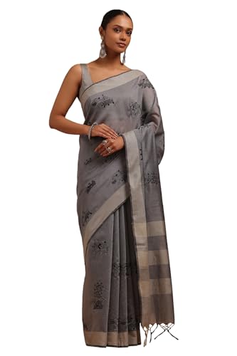 Soch Womens Grey Chanderi Warli Saree With Thread Work