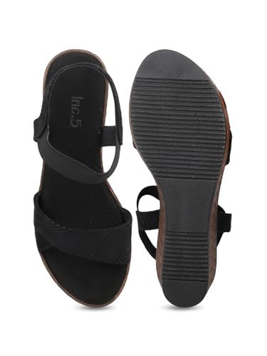 Women Black Textured Open-Toe Wedges