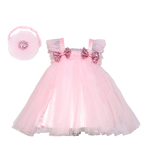 PINK WINGS Baby Girl Net Tulle Knee Length Tutu Frock with Headband (3-4 Years, Pink)