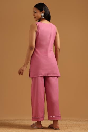 Soch Womens Onion Pink Cotton Floral Embroidered Kurta Set With Mirror Work