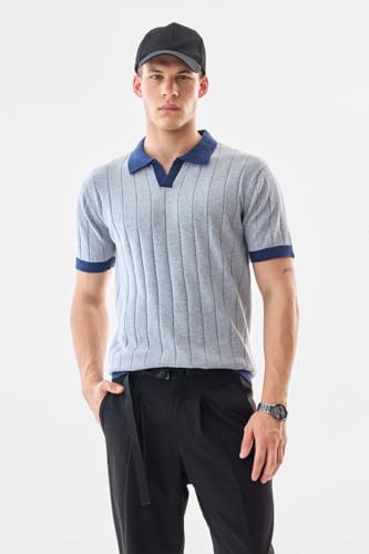 SNITCH Men's T-Shirt | Textured Knit Polo with Contrasting Collar & Cuffs | 100% Cotton Breathable Fabric Regular Fit Stylish Retro Half Sleeve for Casual Wear | Light Grey