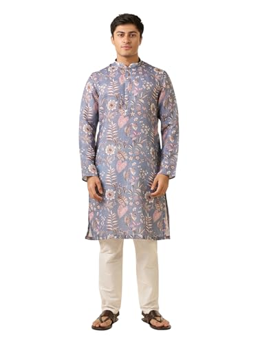 DIWAS BY MANYAVAR Men's Cotton Blend Floral Prints Casual Kurta Set (Light Grey,M)