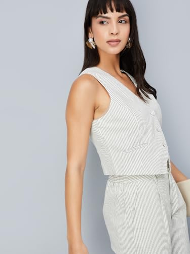 Max Women Striped Waistcoat Top(Beige_L)