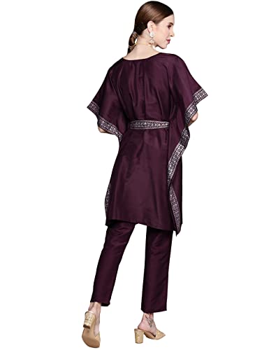 Ziyaa Women's Burgundy Chinon Flared Kurta and Pant Set(ZIKUCH3800ANDPA-XXL)