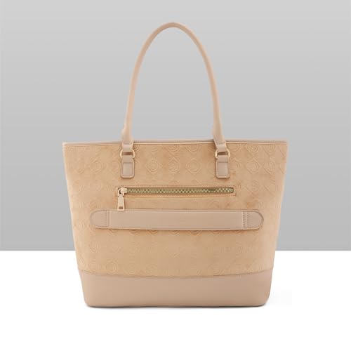 Caprese Katherine Large Monogram Velvet Laptop Tote for Women | Premium Multi-Compartment Office Handbag with Padded Tech Sleeve | Shoulder Bag for 15.6" Laptop for Work & Travel (Alpine Oat)