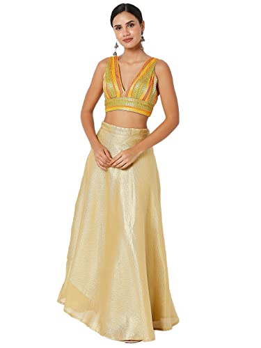 SALWAR STUDIO S Women's Yellow Multi Brocade Self Design Readymade Saree Blouse-SSB4195-YMLT