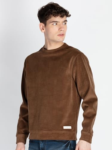 Status Quo Mens Solid Round Neck Lightweight Sweatshirt Brown