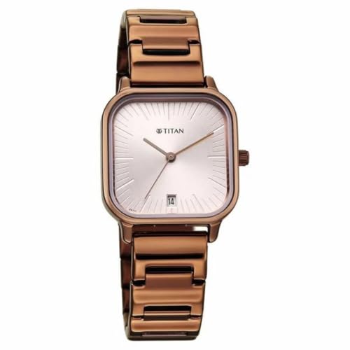 Titan Plain 3 Hands Work Wear Brown Round Dial Rose Gold Plating Stainless Steel Strap Womens Watch - 2786QM01
