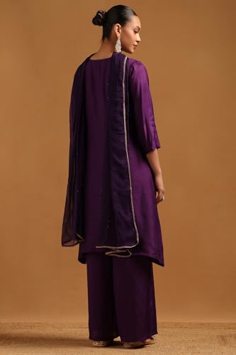 Soch Womens Purple Roman Silk Floral Salwar Suit With Cutdana