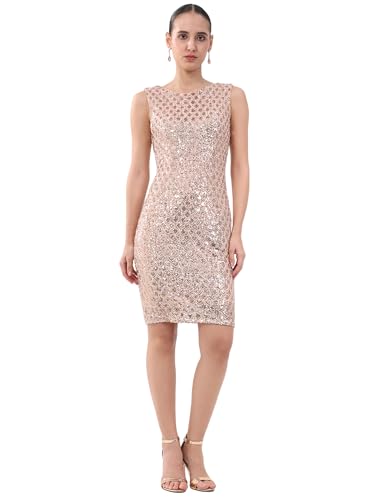 Global Republic Poly Spandex Sequinced Boat Neck Knee Length Dress for Women (461, Champagne, L/XL)