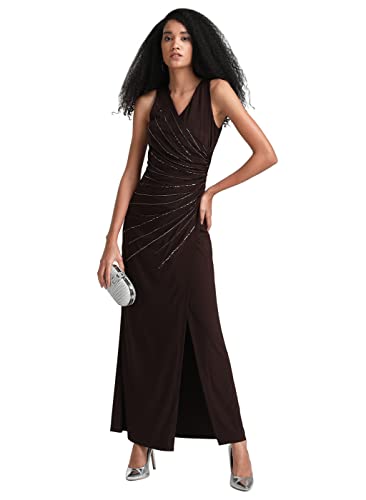 Kazo Embellished Polyester Blend V Neck Women's Maxi Dress (Brown,Extra Small)