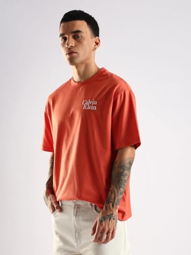 Calvin Klein Jeans Solid Relaxed Fit Cotton T-Shirt Mecca Orange