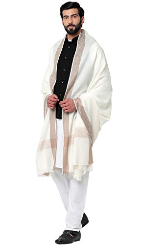 Weavers Villa Men's Woven Border Pure Wool White Lohi/Woollen Shawl, 125cm x 250cm