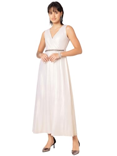 Faballey Women's Poly Lycra Ivory Metallic Wrap Maxi Dress with Embellished Belt (DRS06404_White