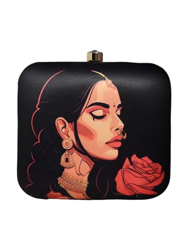 Artklim Black Based Lady With Rose Printed Clutch