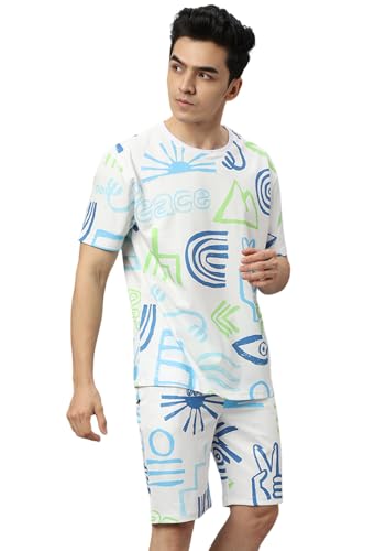 Wear Your Opinion Mens All Over Printed T-Shirt & Short Co-Ord Set (Peace Lifestyle, White, Large)